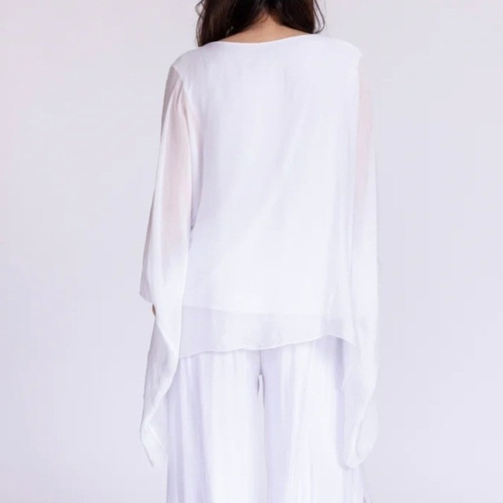 Meo Meli White Silk Blend Italia Poncho Top Made in Italy Layered Blouse OS - Picture 2 of 7